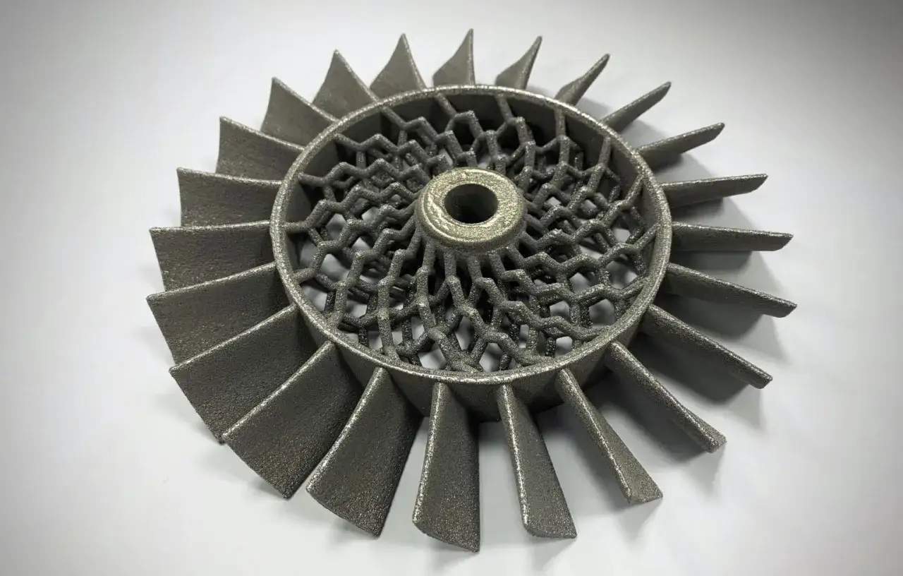 Metalowy wirnik z siatkowym rdzeniem, przykład zaawansowanego druku 3D w metalu.