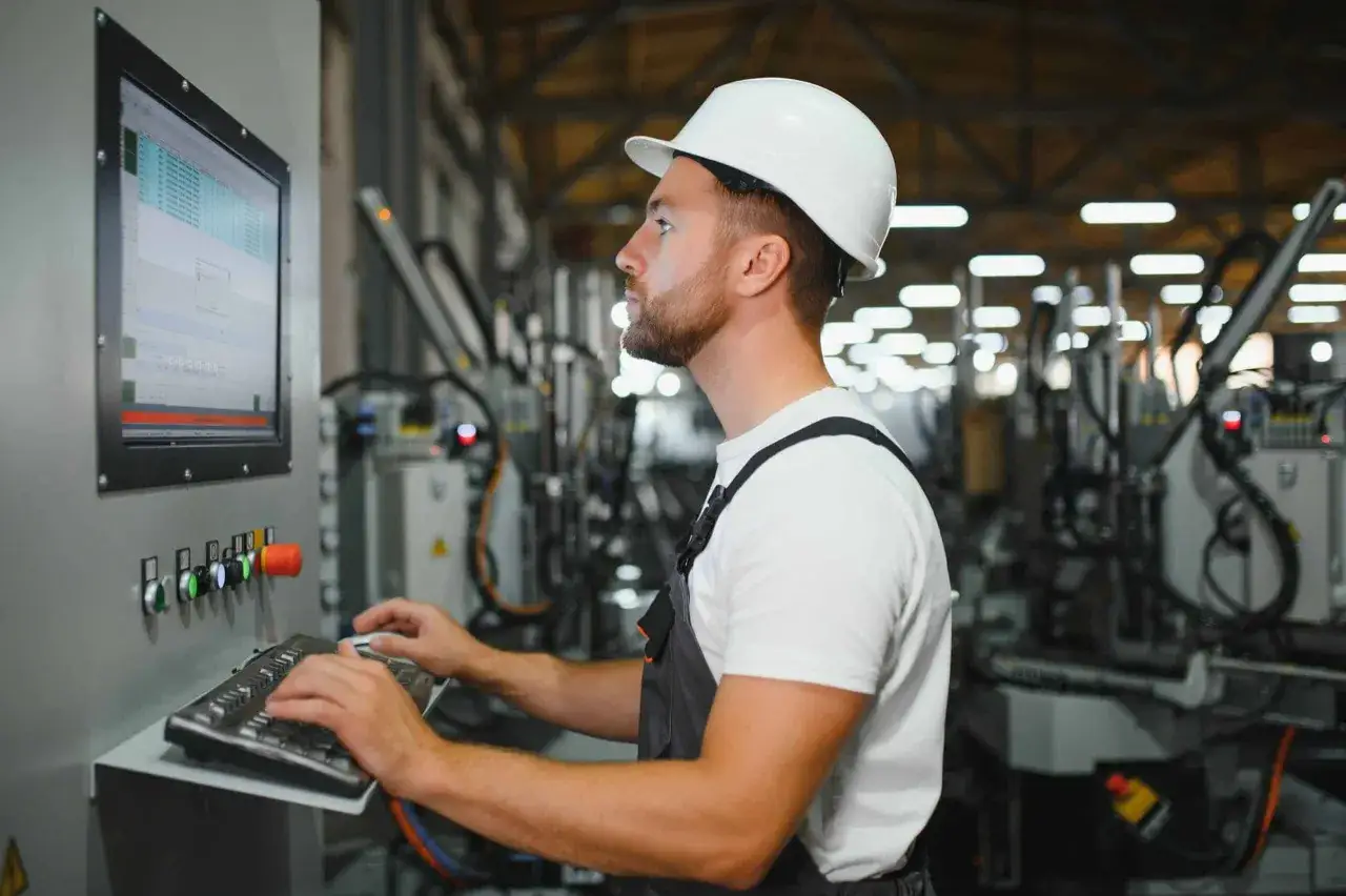 Operator w białym kasku pracuje przy panelu sterowania, wprowadzając dane do obsługi maszyn CNC.