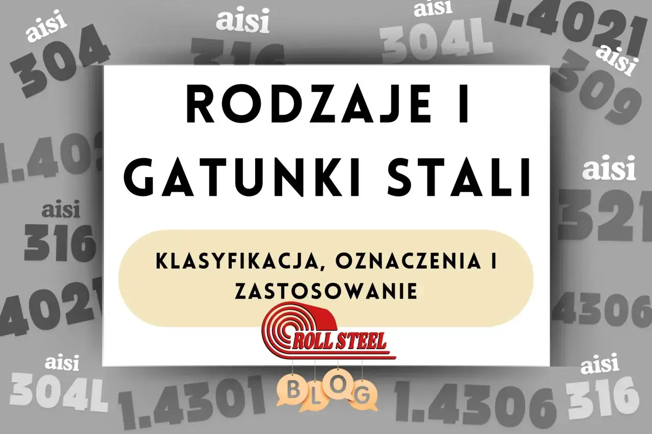 Rodzaje i gatunki stali, klasyfikacja, oznaczenia i zastosowanie. W tle widać oznaczenia stali, np. aisi 304, 316, 304L.