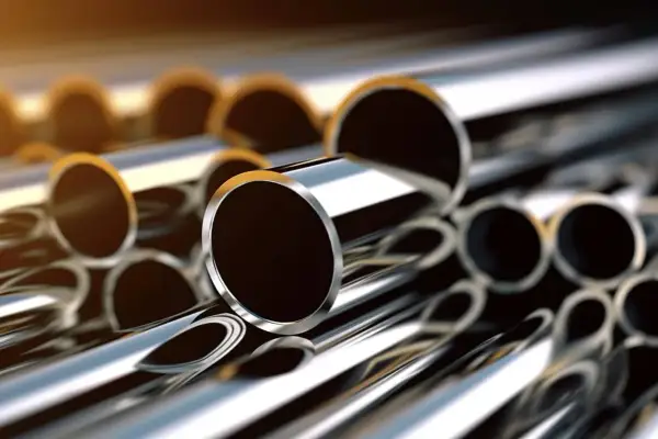 Stal nieuspokojona, lśniące rury ułożone w stos. Ich gładkie, metaliczne powierzchnie odbijają światło, tworząc hipnotyzujący efekt.