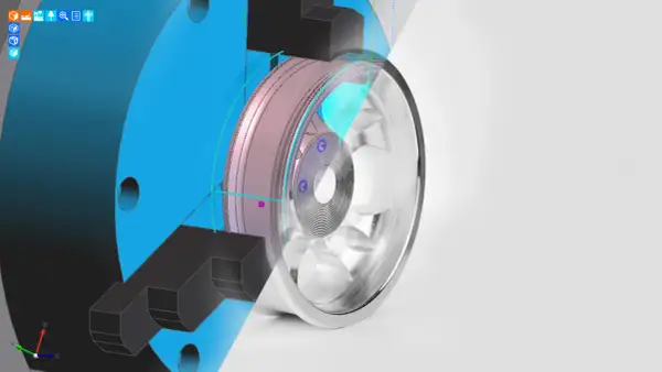 Model 3D części z aluminium, widok przekroju, z elementami projektu i gotowym elementem.