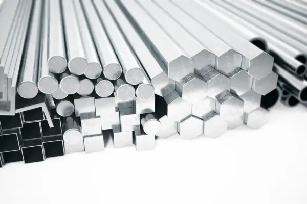 Srebrne stopy aluminium w różnych kształtach: okrągłe, kwadratowe, sześciokątne i rury.
