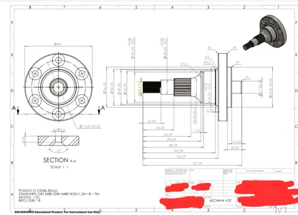 Rysunek techniczny CNC przedstawia wałek z kołnierzem, z wymiarami i oznaczeniami.