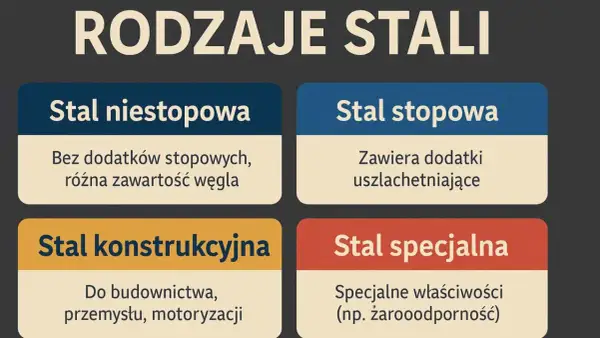 Podział stali: niestopowa, stopowa, konstrukcyjna i specjalna. Każdy rodzaj ma inne właściwości i zastosowania.