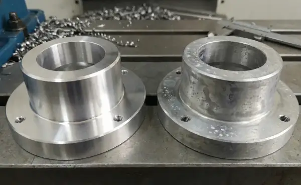 Dwa metalowe elementy, jeden lśniący po obróbce z użyciem chłodziwa do obróbki skrawaniem, drugi z nalotem.
