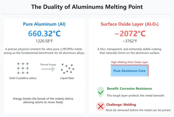 Porównanie temperatury topnienia aluminium (660°C) i jego warstwy tlenkowej (2072°C), która zapewnia odporność na korozję, ale utrudnia spawanie.