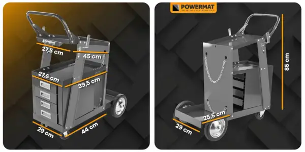 Projekt wózka do spawarki Powermat. Mobilny pomocnik z szufladami i półkami, wymiary podane w cm.